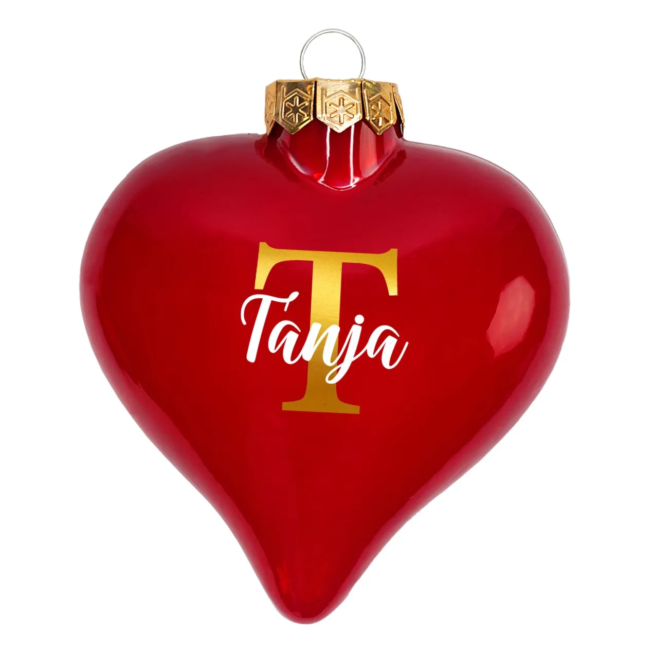 Christbaumkugel in Herzform personalisiert mit goldener Initiale und Name | Matt oder glänzend Rot