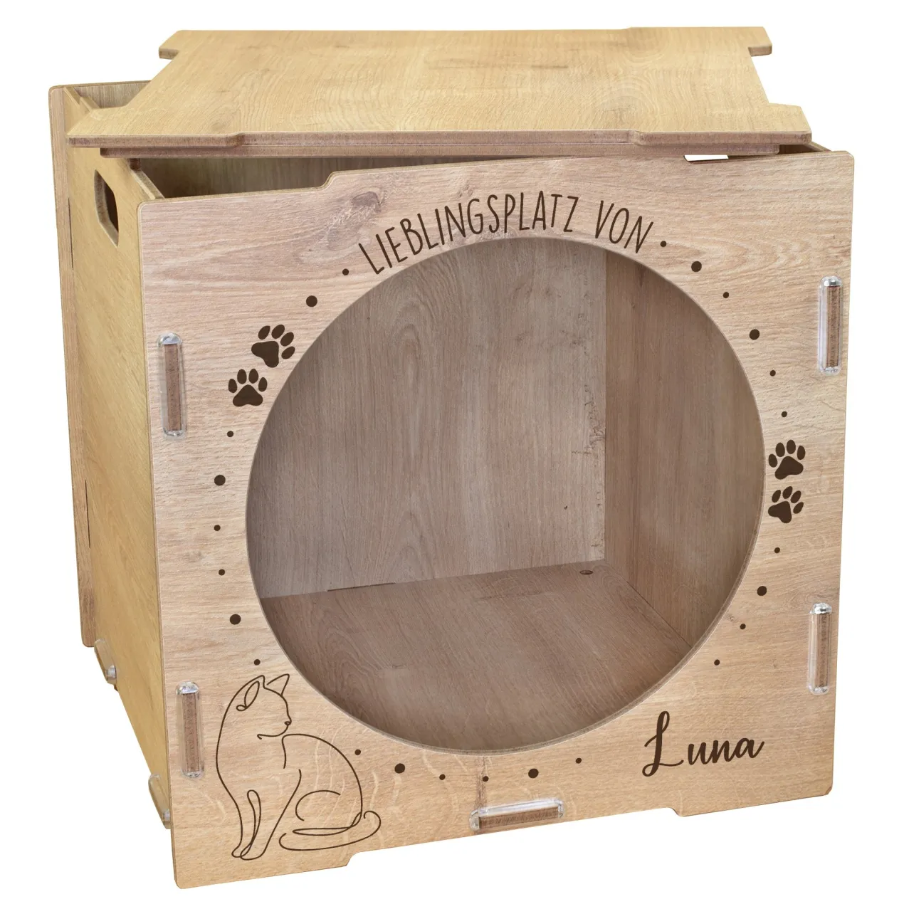 clipfritz Katzenhaus aus Holz personalisiert mit Name | Lieblingsplatz Geschenk für Katzen