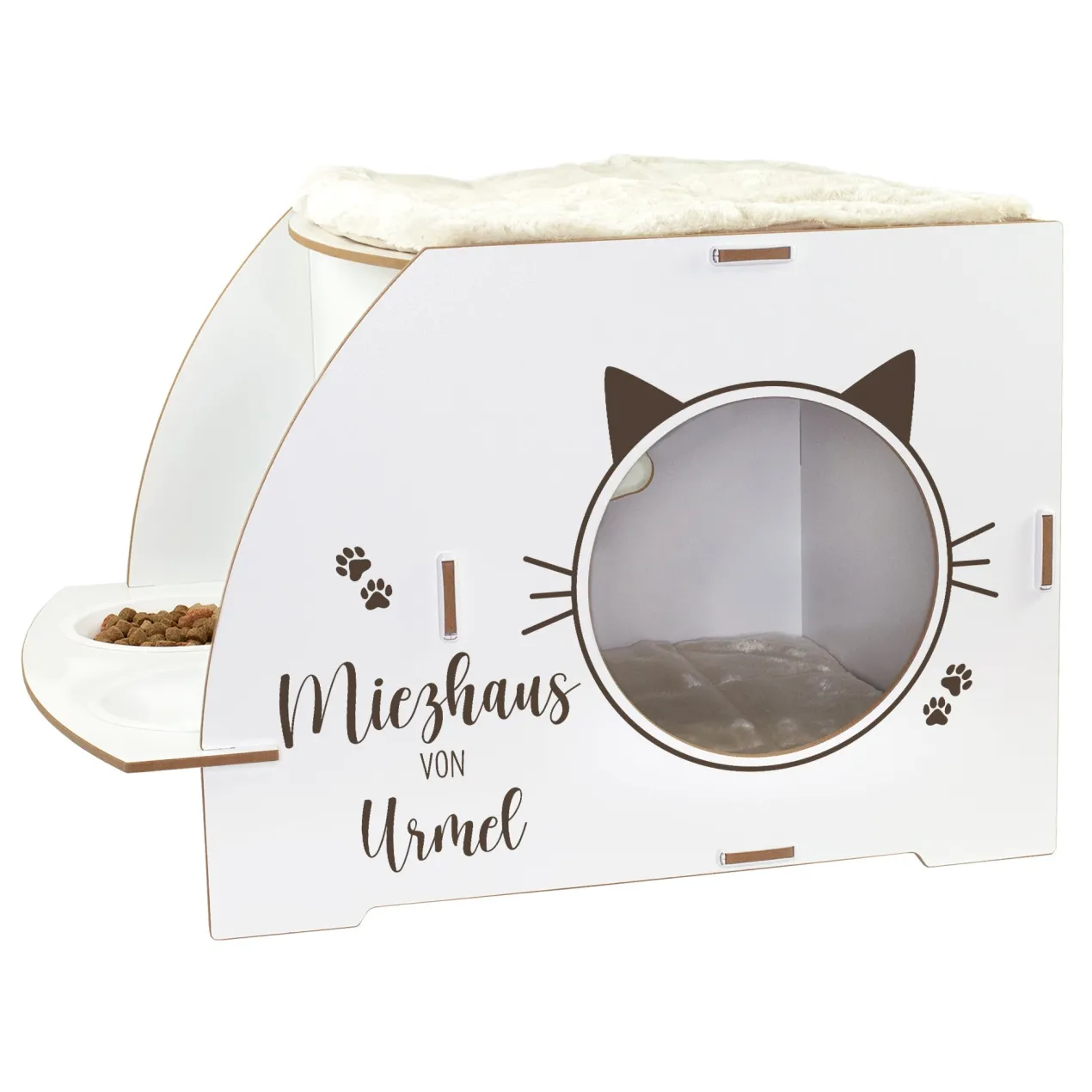 clipfritz Katzenhaus aus Holz personalisiert mit Name | Haus mit Futterstation für Katzen