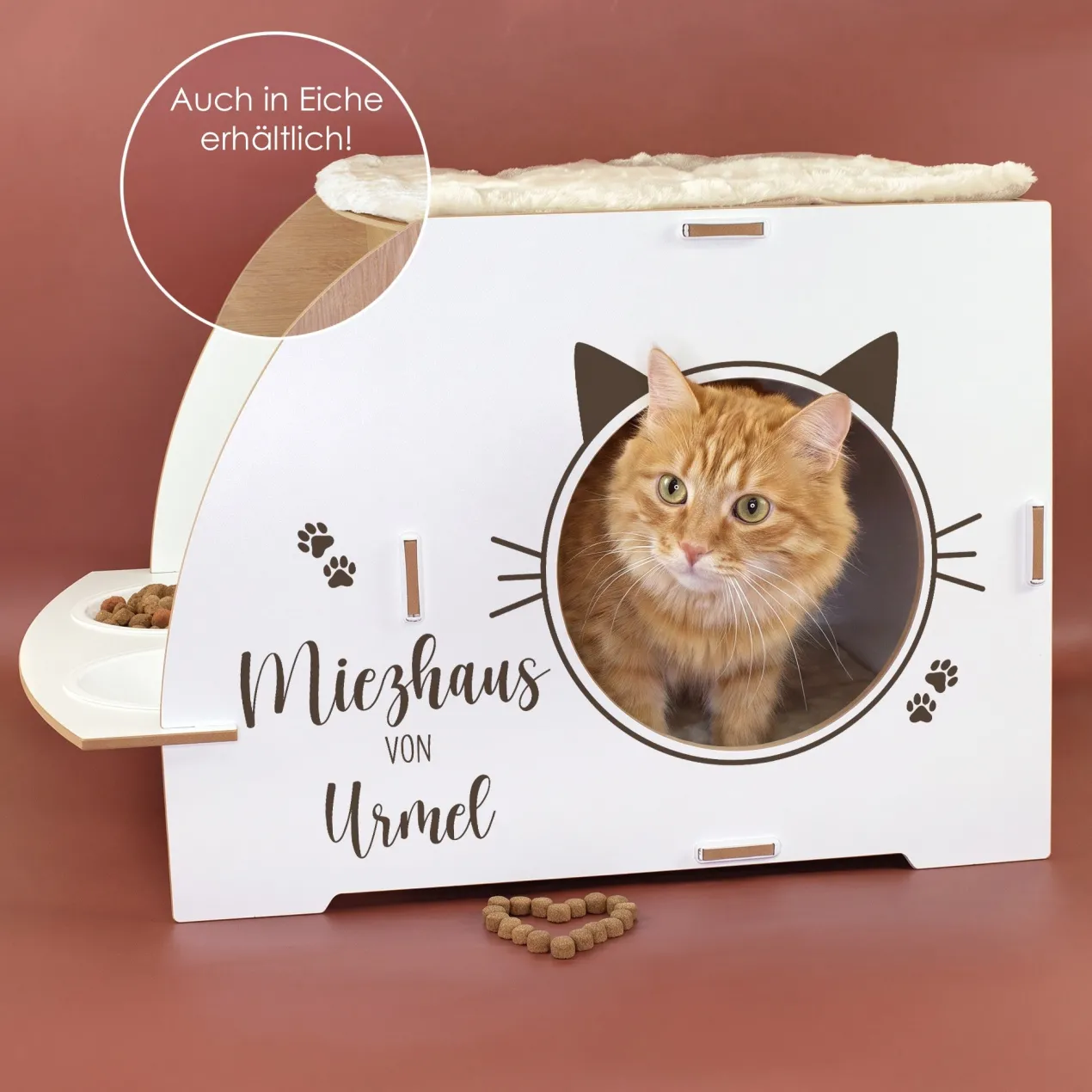 clipfritz Katzenhaus aus Holz personalisiert mit Name | Haus mit Futterstation für Katzen