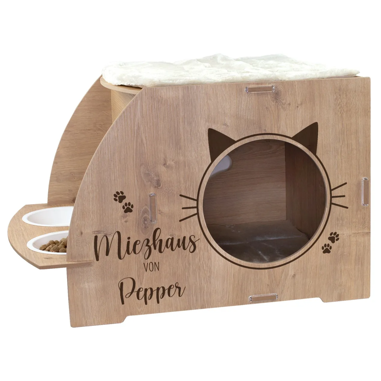 clipfritz Katzenhaus aus Holz personalisiert mit Name | Haus mit Futterstation für Katzen