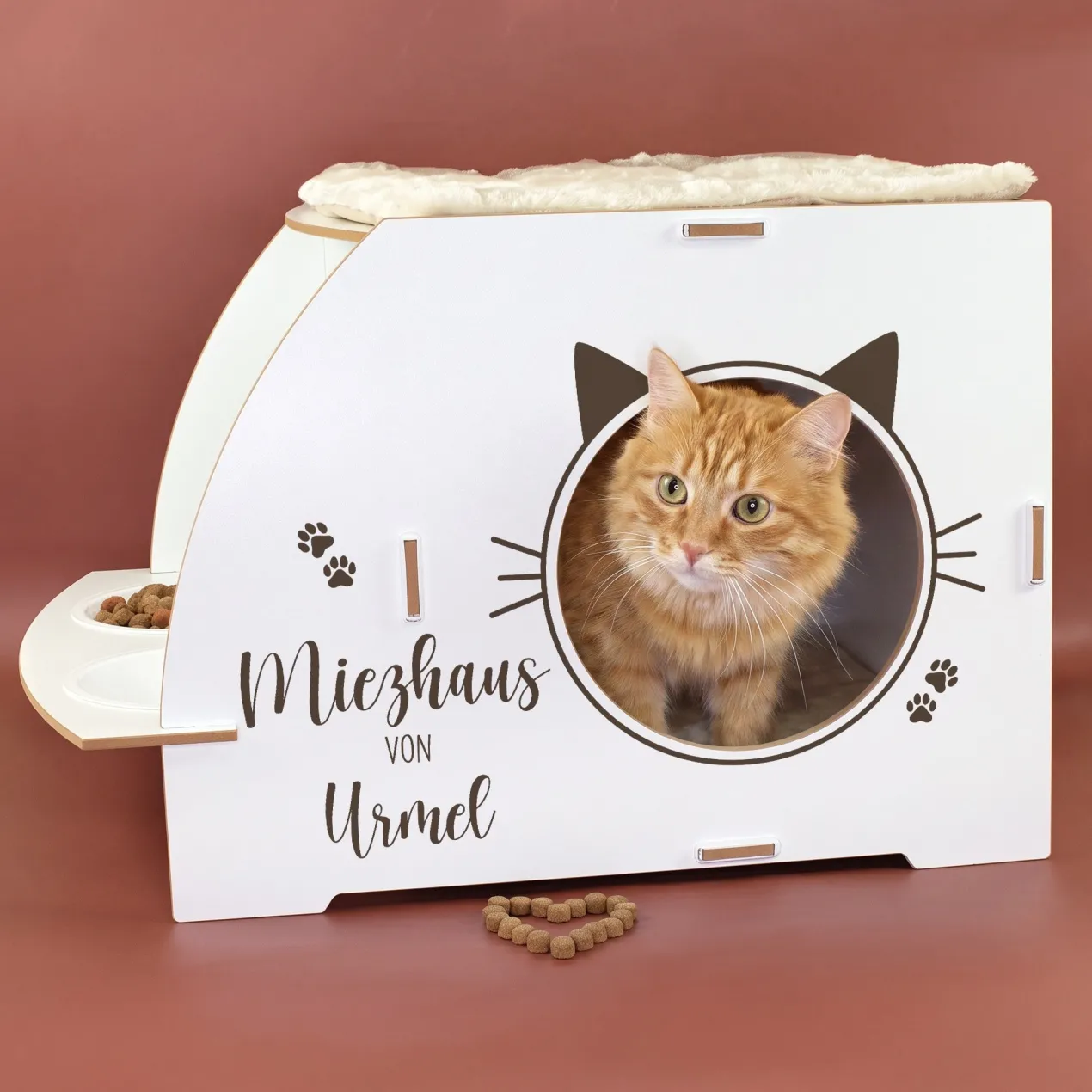 clipfritz Katzenhaus aus Holz personalisiert mit Name | Haus mit Futterstation für Katzen
