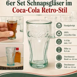 Coca Cola Schnapsgläser 6er Set handgefertigt 5cl | Retro Stamper aus recyceltem Glas