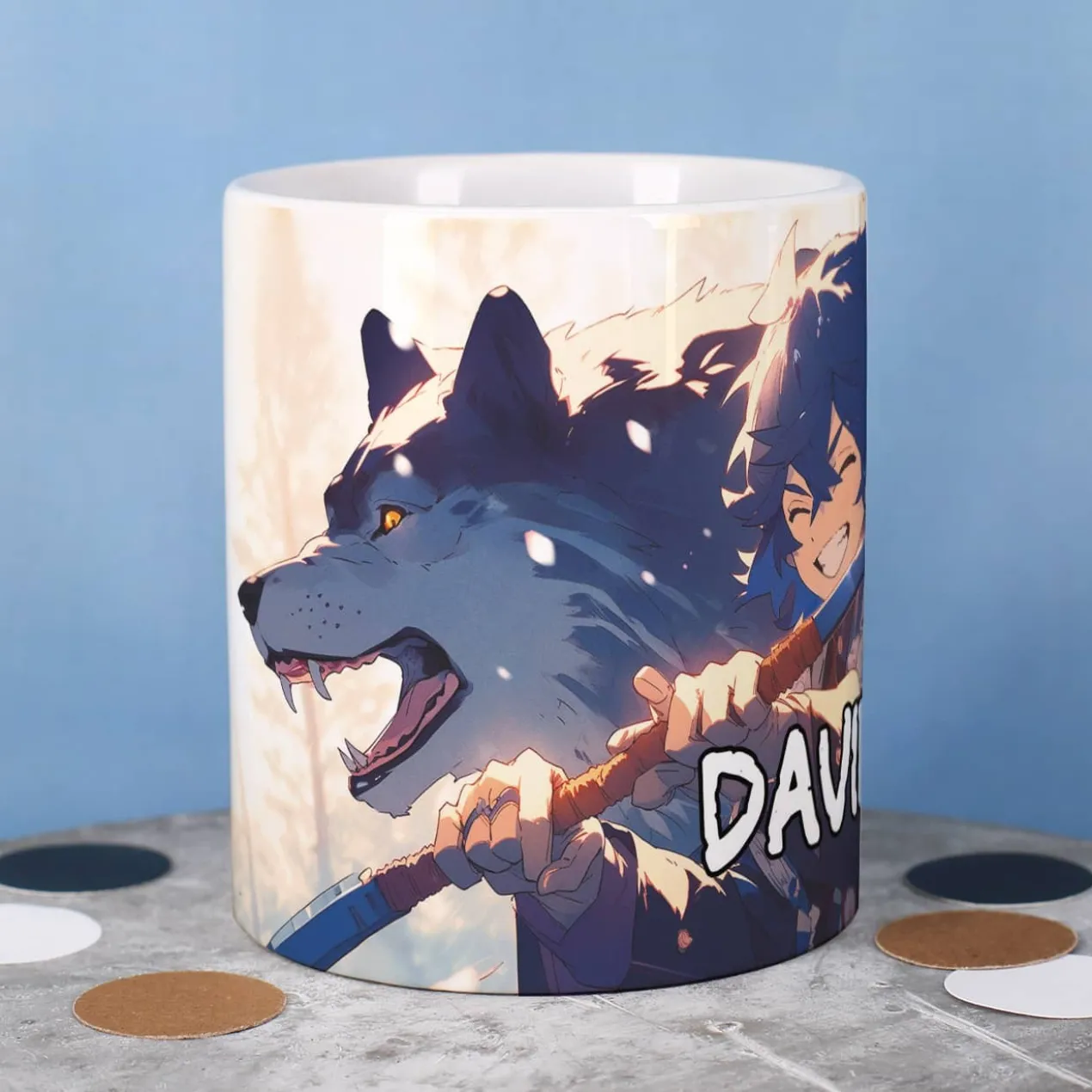 Coole Anime Tasse mit sechs Charakteren und Name