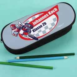 Coole Motorrad-Federmappe mit Wunschname und Text | Stiftebox