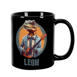 Coole Tasse in schwarz mit Crazy-Dinos und Ihrem Wunschnamen bedruckt