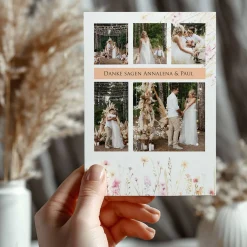 Dankekarte zur Hochzeit mit vielen Fotos und Wunschtext