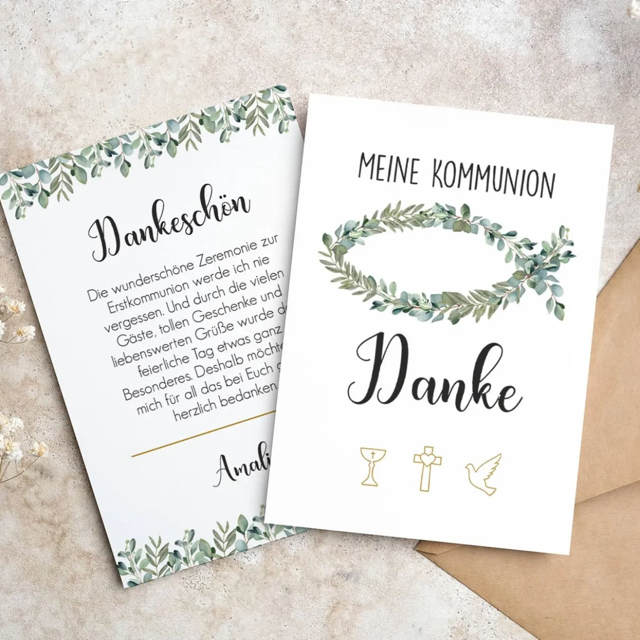 Dankeskarte - Eukalyptus Fisch - zur Taufe, Kommunion oder Konfirmation