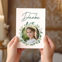 Dankeskarte Eukalyptus mit Foto - zur Taufe, Kommunion oder Konfirmation