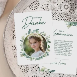 Dankeskarte Eukalyptus mit Foto - zur Taufe, Kommunion oder Konfirmation