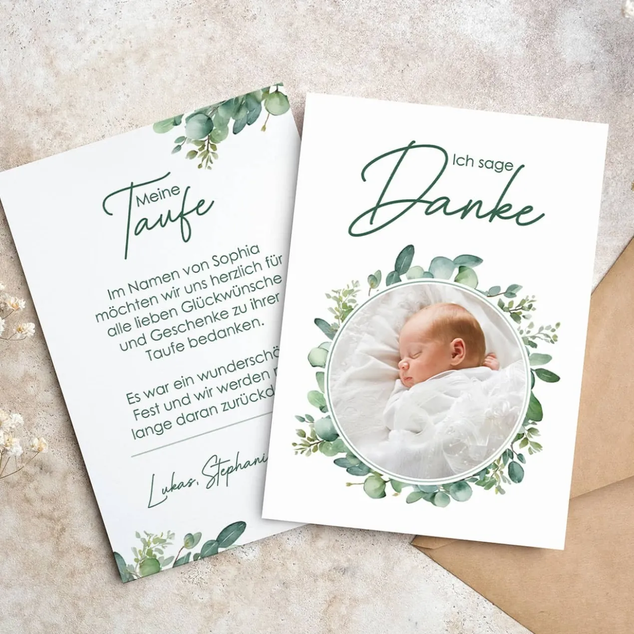 Dankeskarte Eukalyptus mit Foto - zur Taufe, Kommunion oder Konfirmation