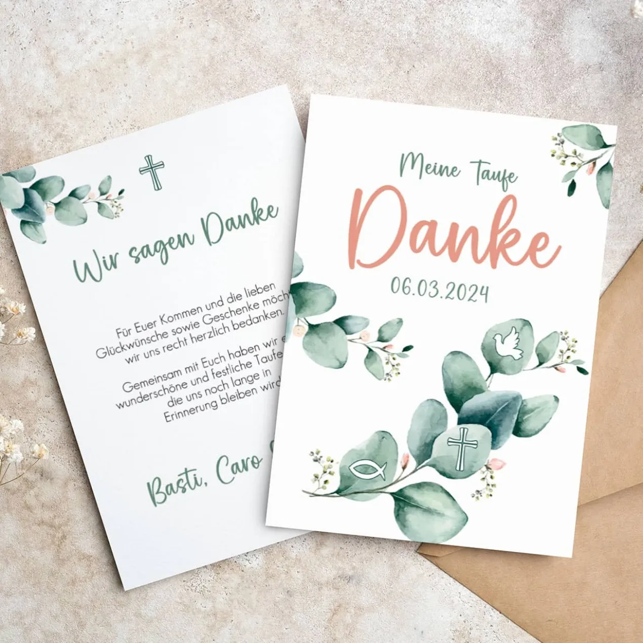 Dankeskarte - Eukalyptus - zur Taufe, Kommunion oder Konfirmation