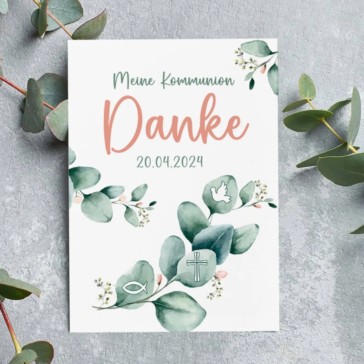 Dankeskarte - Eukalyptus - zur Taufe, Kommunion oder Konfirmation