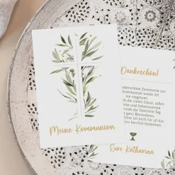 Dankeskarte für Kommunion und Konfirmation - Kreuz auf Ölzweig
