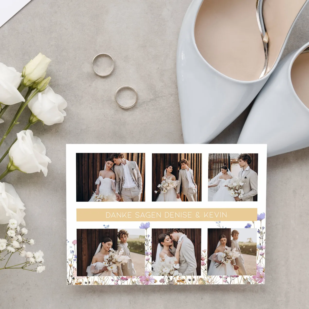 Dankeskarte zur Hochzeit mit vielen Fotos und Wildblumen