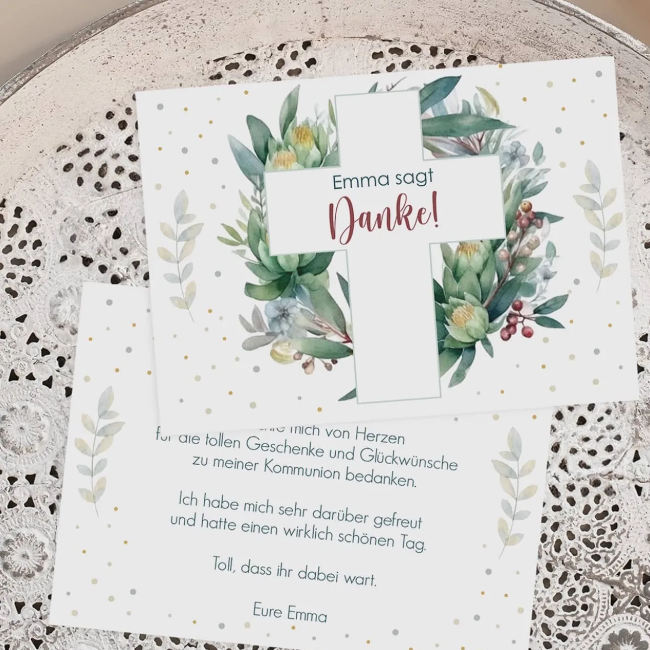 Dankeskarte zur Kommunion oder Konfirmation mit Blätterkreuz-Motiv