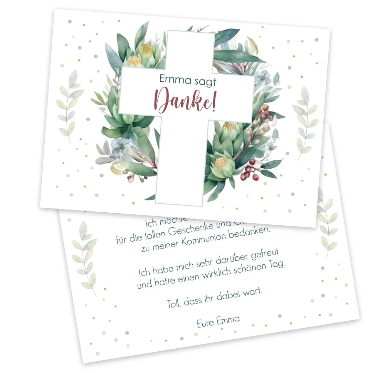 Dankeskarte zur Kommunion oder Konfirmation mit Blätterkreuz-Motiv