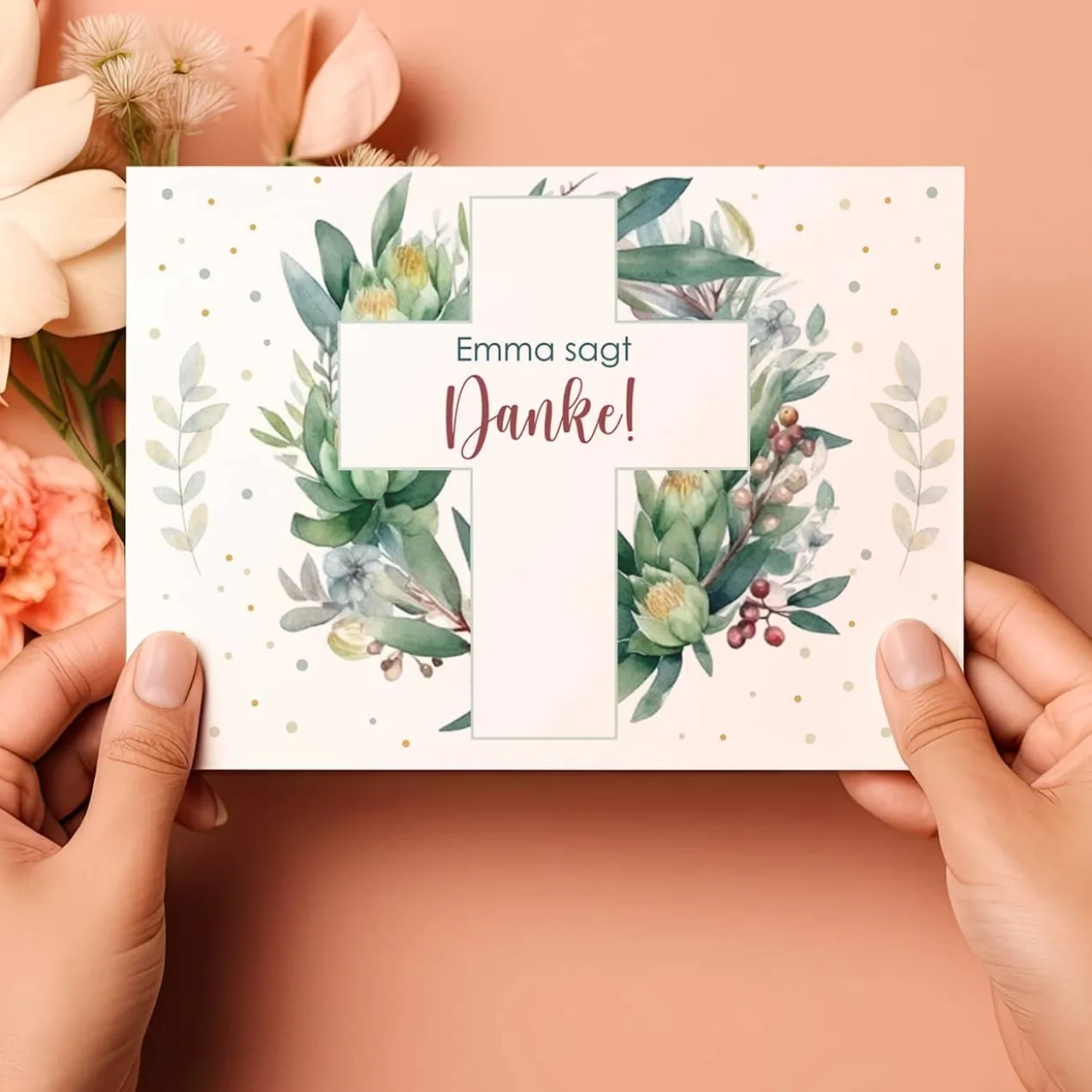 Dankeskarte zur Kommunion oder Konfirmation mit Blätterkreuz-Motiv