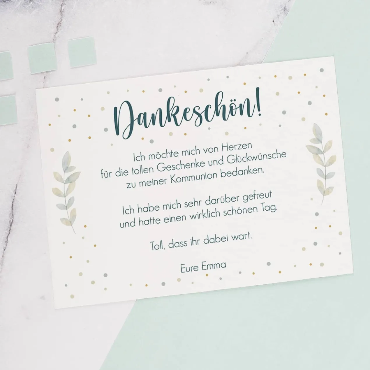 Dankeskarte zur Kommunion oder Konfirmation mit Blätterkreuz-Motiv