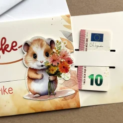 Danke-Ziehkarte mit kleinem Hamster & Blumen für Geldgeschenke