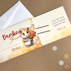 Danke-Ziehkarte mit kleinem Hamster & Blumen für Geldgeschenke