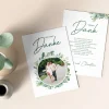 Danksagungskarte mit Foto und Eukalyptusblättern zur Hochzeit