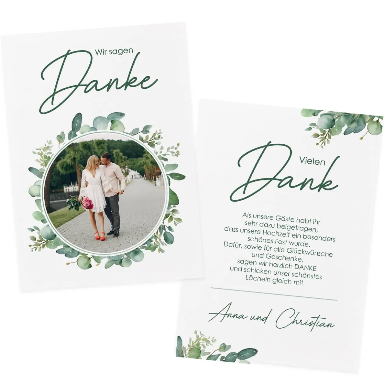 Danksagungskarte mit Foto und Eukalyptusblättern zur Hochzeit