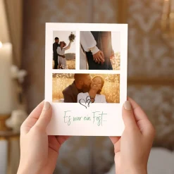 Danksagungskarte zur Hochzeit mit 3 Fotos und Text nach Wunsch