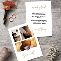 Danksagungskarte zur Hochzeit mit 3 Fotos und Text nach Wunsch