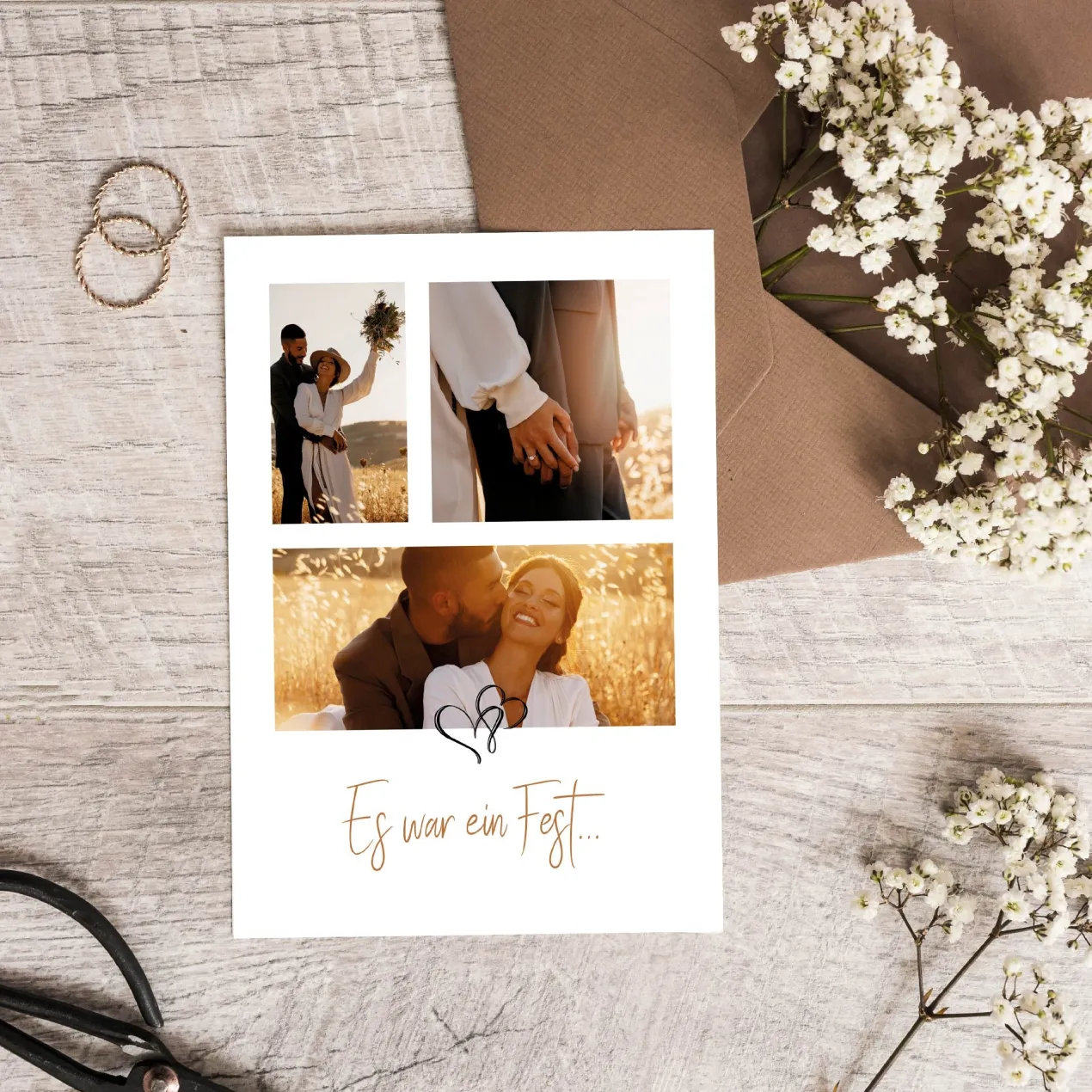 Danksagungskarte zur Hochzeit mit 3 Fotos und Text nach Wunsch