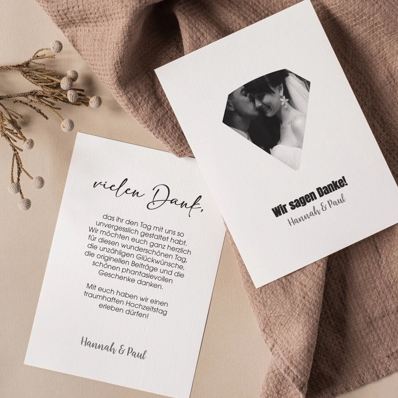 Danksagungskarte zur Hochzeit mit persönlichem Foto und Wunschtext