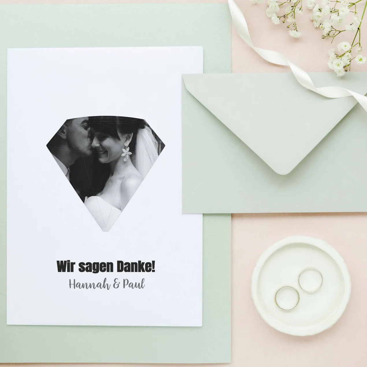 Danksagungskarte zur Hochzeit mit persönlichem Foto und Wunschtext