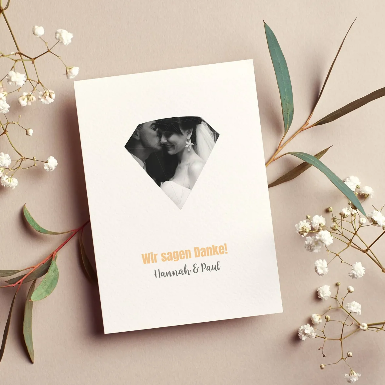 Danksagungskarte zur Hochzeit mit persönlichem Foto und Wunschtext