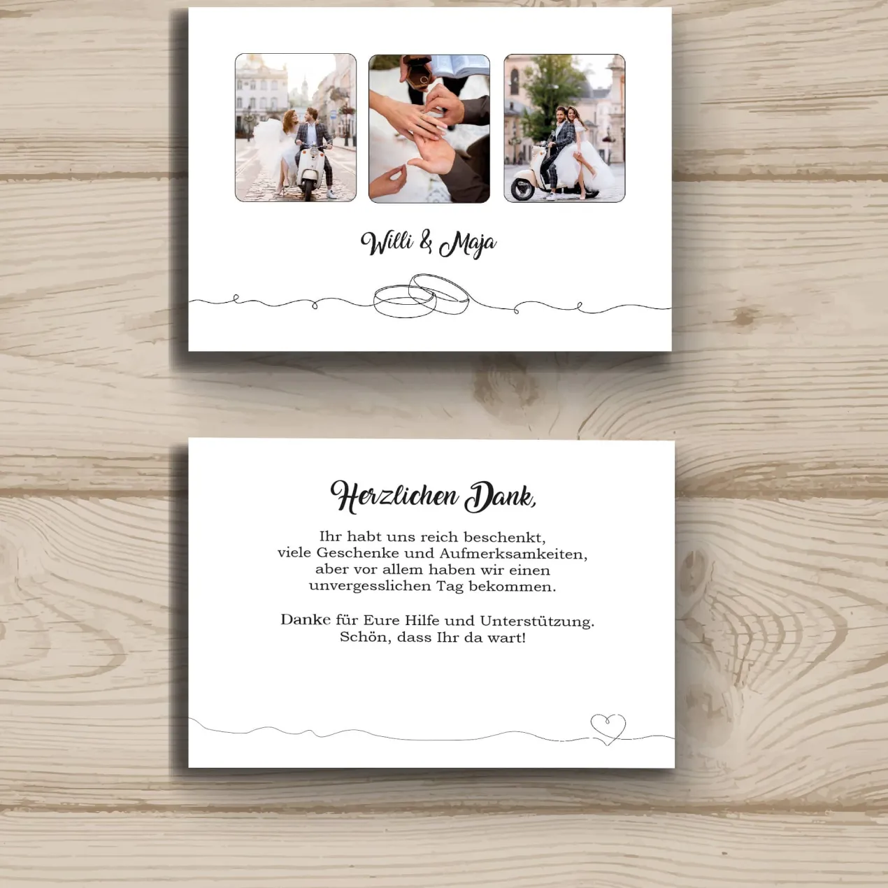 Danksagungskarte zur Hochzeit mit 3 Fotos und Wunschtext