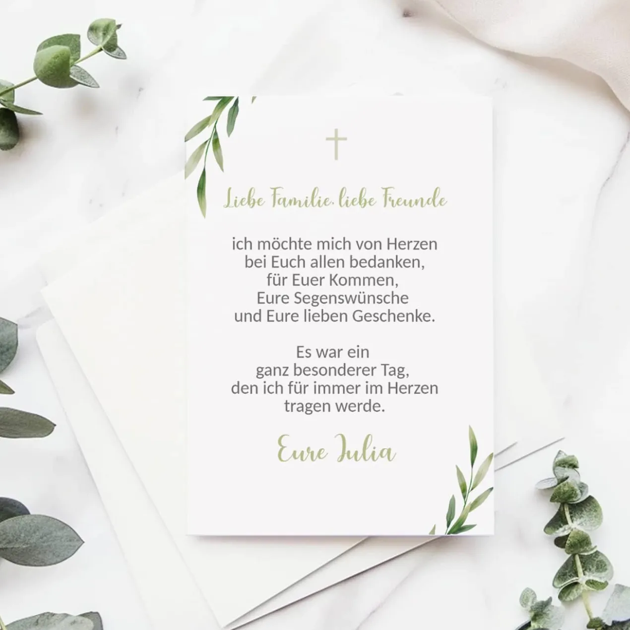 Danksagungskarte zur Taufe, Kommunion, Konfirmation - mit Zweigen