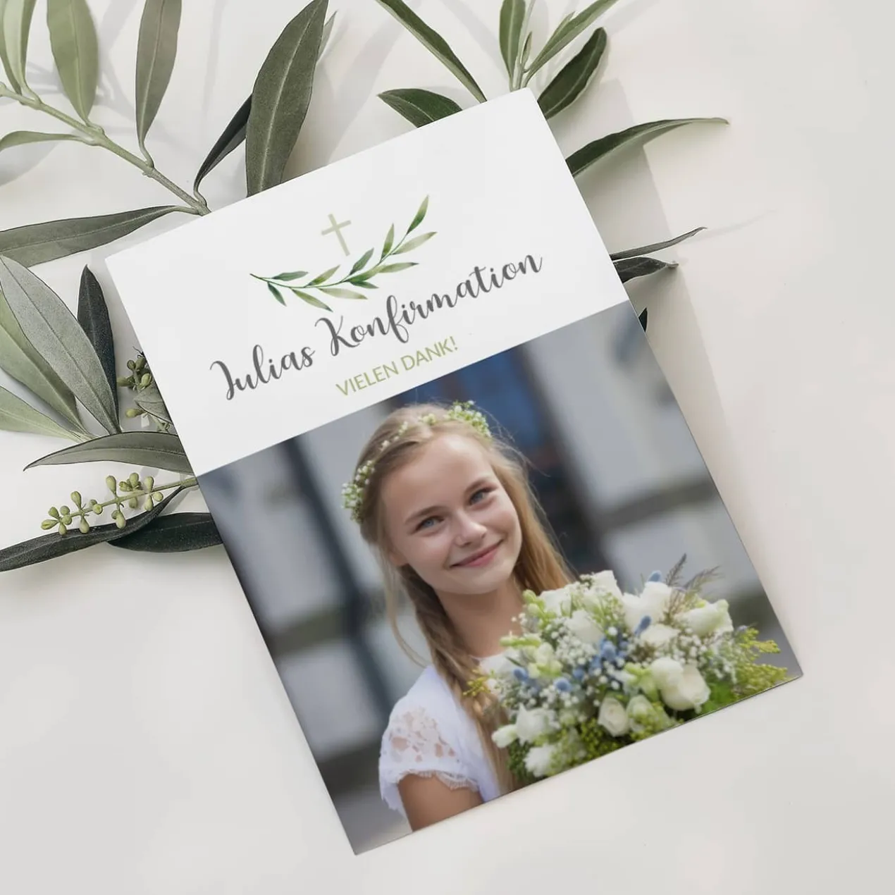 Danksagungskarte zur Taufe, Kommunion, Konfirmation - mit Zweigen