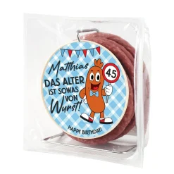 Das Alter ist Wurst! - Salami Kabeltrommel mit personalisiertem Etikett
