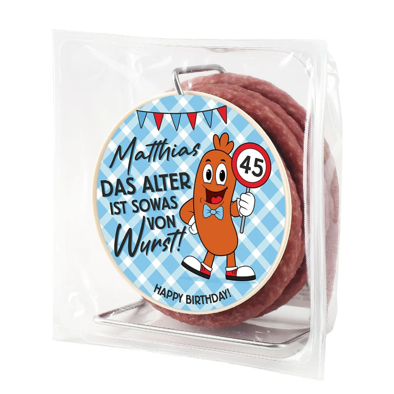 Das Alter ist Wurst! - Salami Kabeltrommel mit personalisiertem Etikett