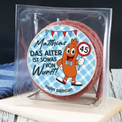 Das Alter ist Wurst! - Salami Kabeltrommel mit personalisiertem Etikett