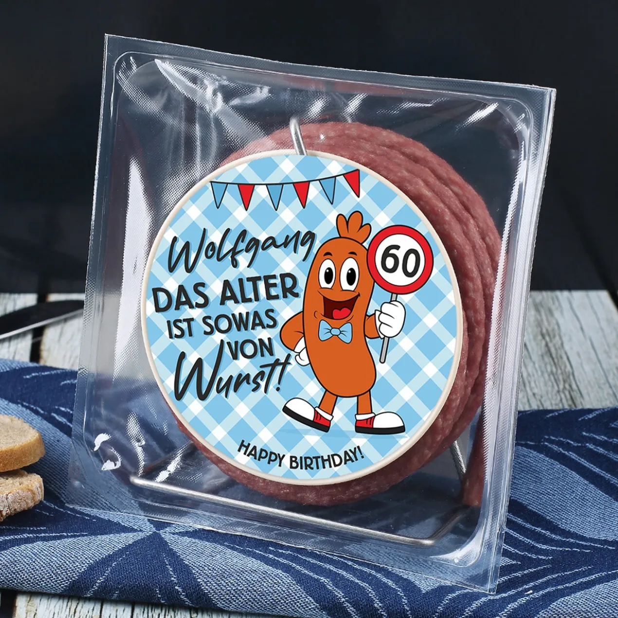 Das Alter ist Wurst! - Salami Kabeltrommel mit personalisiertem Etikett