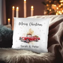 Dekoratives Weihnachts-Kissen mit Ihrem Text & Santa's Fuhrpark