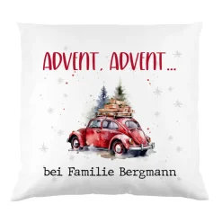 Dekoratives Weihnachts-Kissen mit Ihrem Text & Santa's Fuhrpark