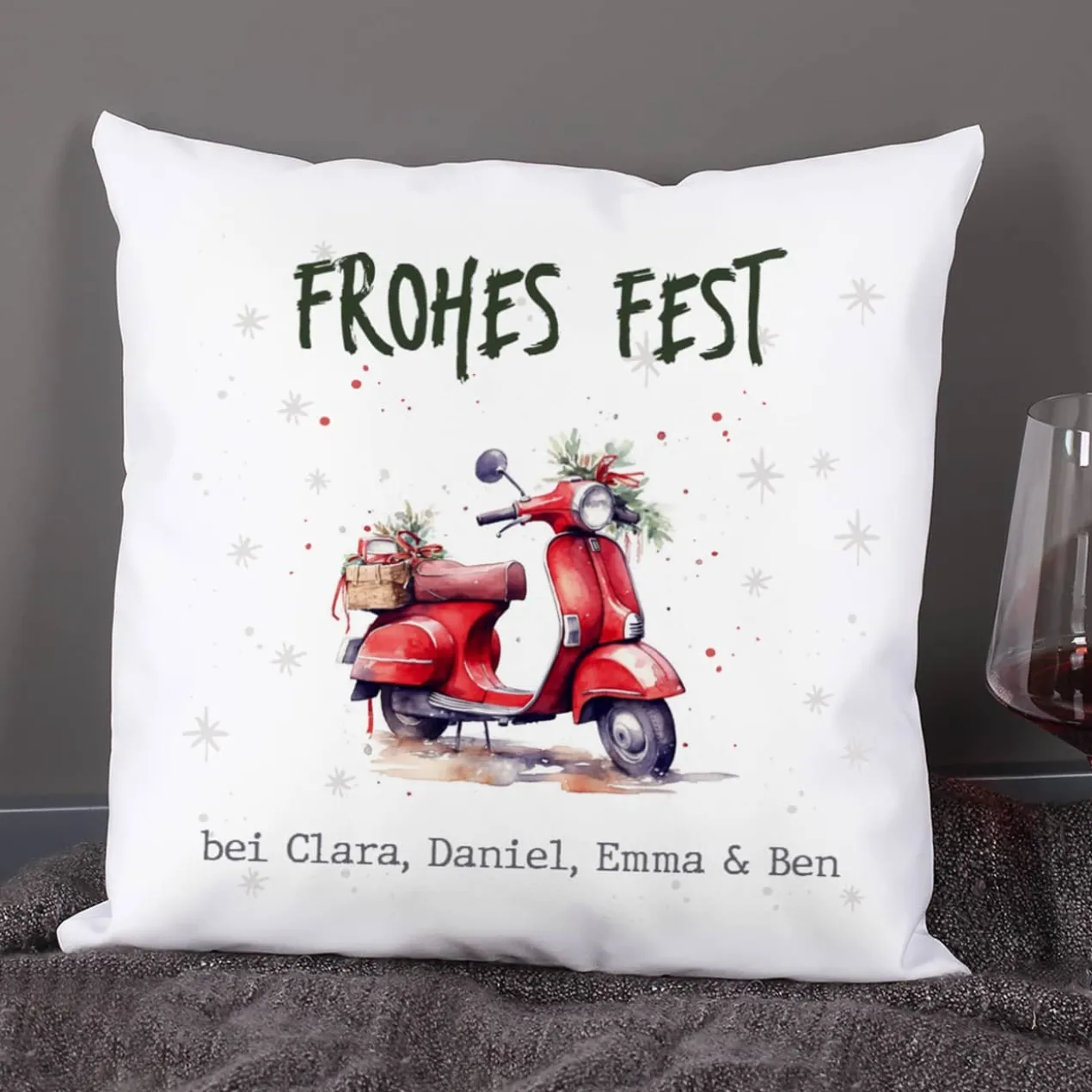 Dekoratives Weihnachts-Kissen mit Ihrem Text & Santa's Fuhrpark