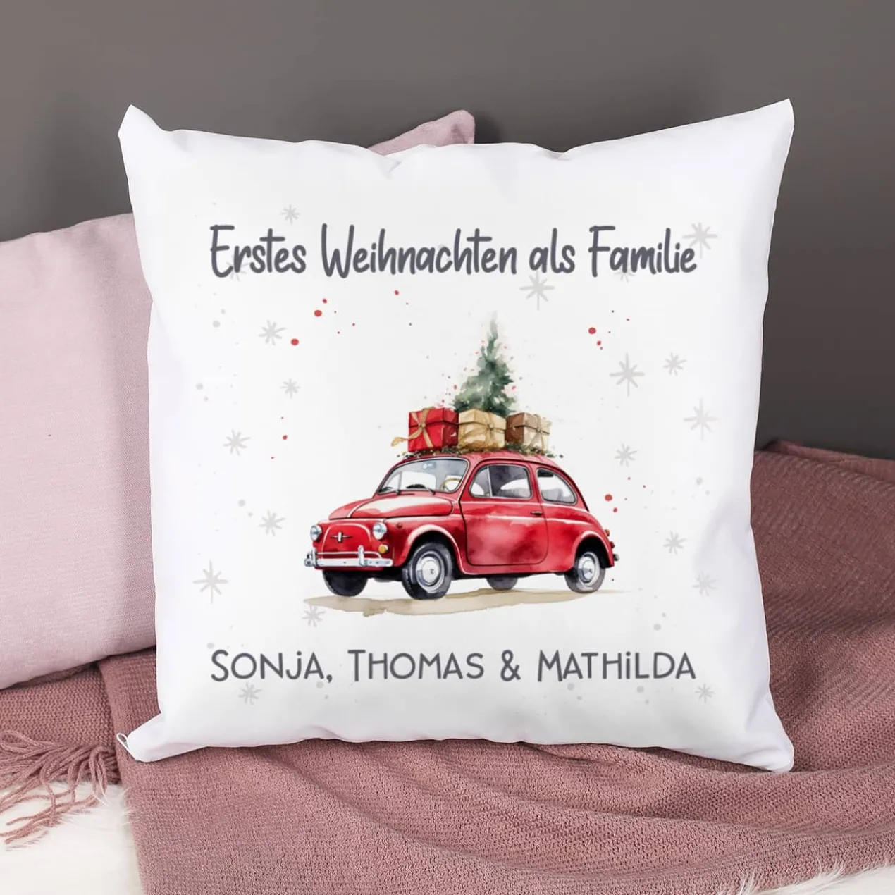 Dekoratives Weihnachts-Kissen mit Ihrem Text & Santa's Fuhrpark