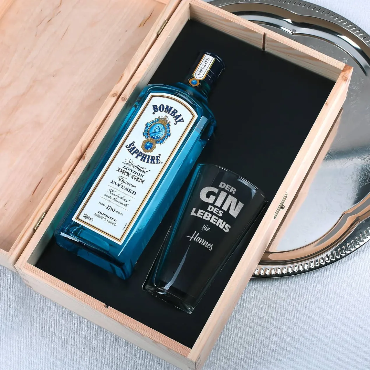 Der Gin des Lebens im Geschenk-Set mit Glas - Holzkiste - Bombay Gin