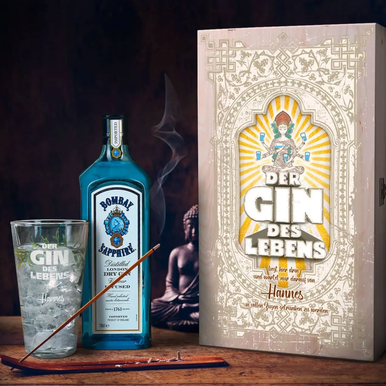 Der Gin des Lebens im Geschenk-Set mit Glas - Holzkiste - Bombay Gin
