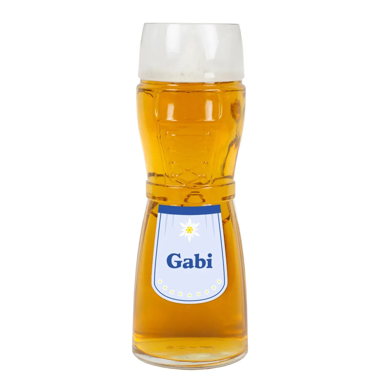 Dirndl-Bierglas mit Schürze, Edelweiß & Name personalisiert in 3 Farben | Geschenk für Frauen
