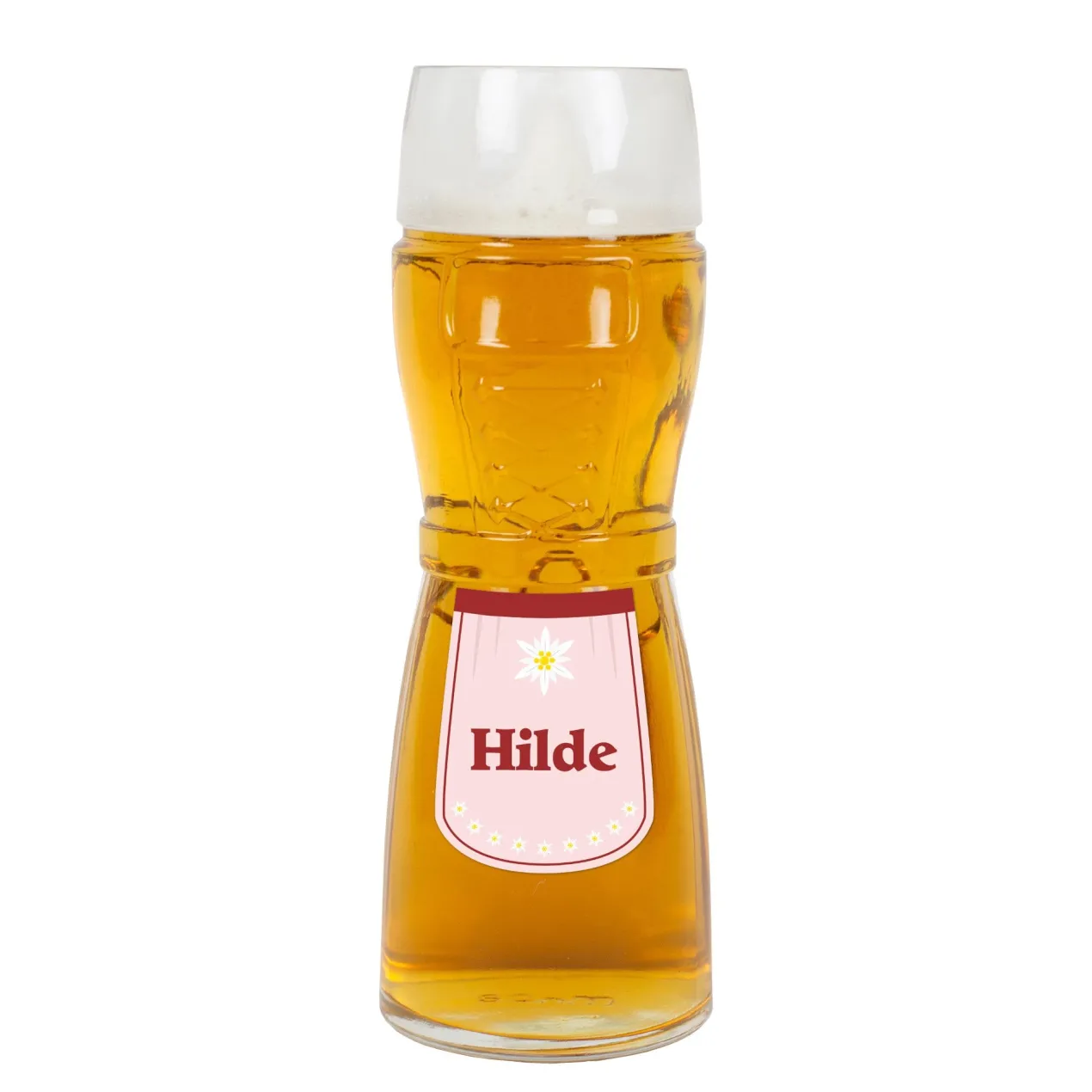 Dirndl-Bierglas mit Schürze, Edelweiß & Name personalisiert in 3 Farben | Geschenk für Frauen