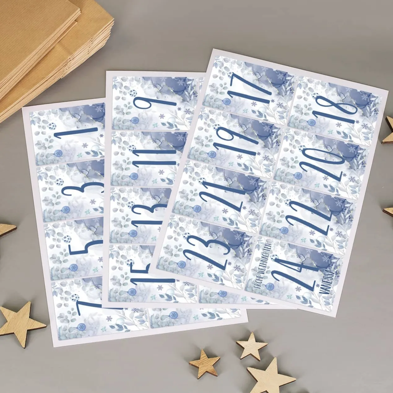 DIY Adventskalender im Watercolor Design mit 24 Aufklebern und Papiertüten