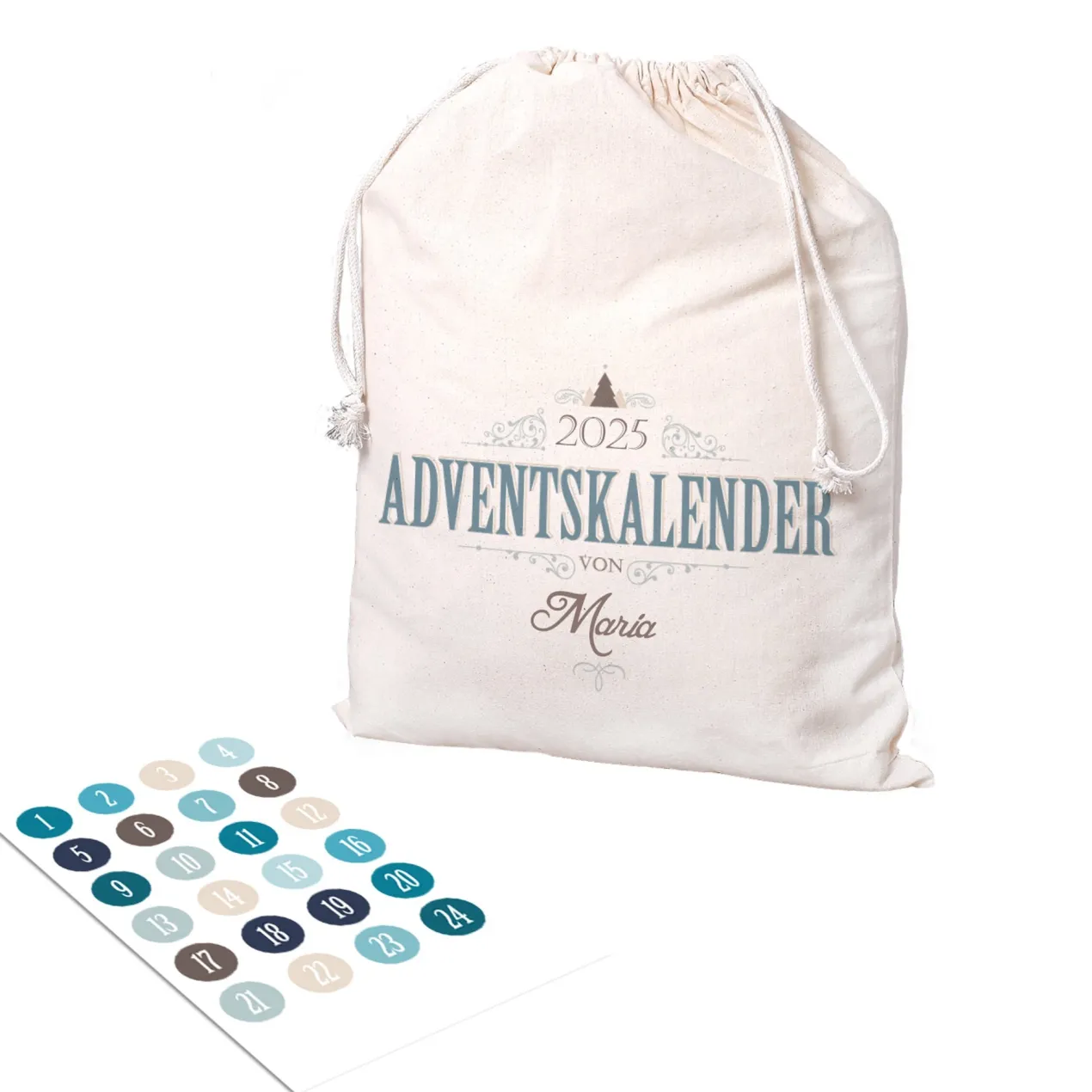 DIY Adventskalender - personalisierter Baumwollsack mit Aufklebern
